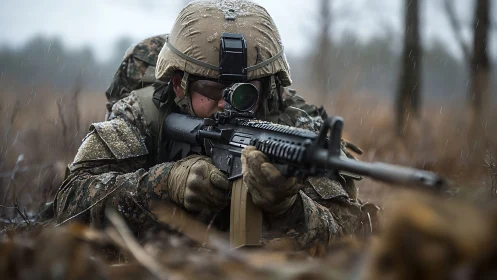 Modern infantry sniper steadies rifle under cold rainfall.