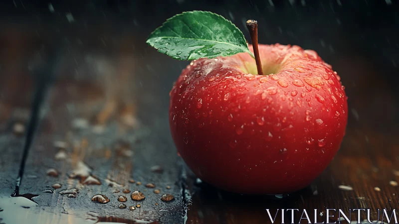 Red apple with water droplets on dark rustic wood surface.