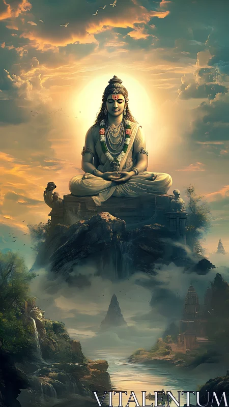 Serene deity meditating above misty river and temples.