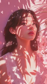 Sun-dappled daydream paints her gaze in soft pink shadows