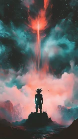 Silhouetted warrior faces erupting cosmic energy pillar