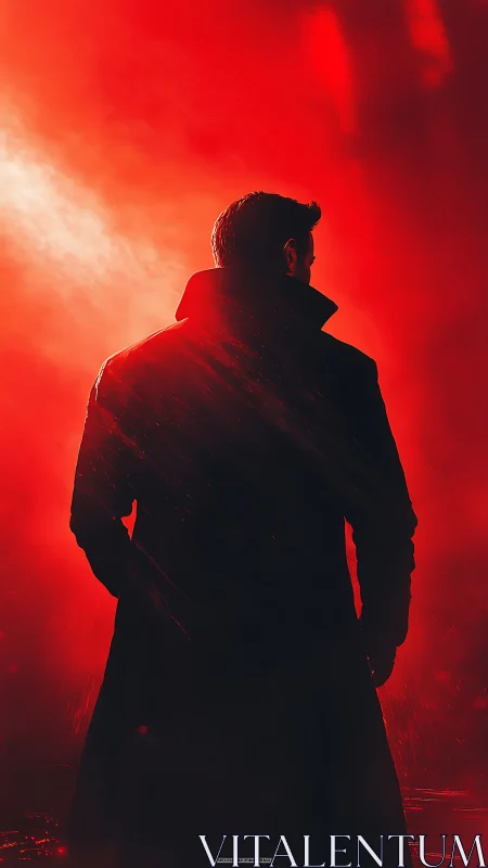 Lone figure in trench coat confronts a storm of red light