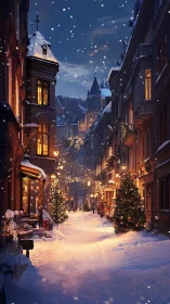 Digital painting of festive snow-covered European street at dusk.