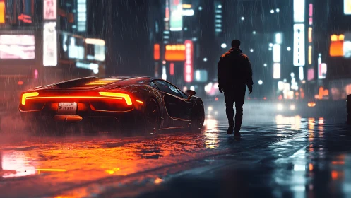 Neon-lit supercar idles in rain beside lone figure at night