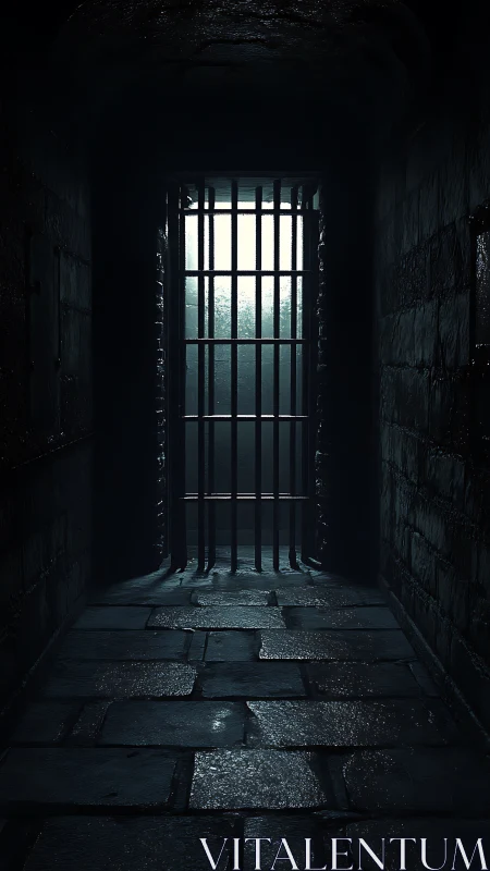 Dark stone prison corridor ends with wet barred gate