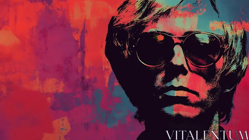 Neon-tinted pop portrait of sunglasses-wearing figure.