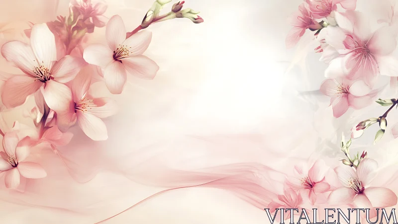 Pink and white floral composition with botanical elements arranged symmetrically.