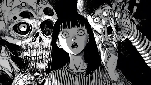 Haunting monochrome portrait captures a shocked girl and ghouls