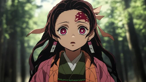 Anime girl with pink eyes and forehead wound in forest clearing