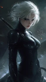 Storm-lit cyber warrior stands ready in sleek black armor