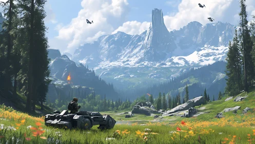 Armored vehicle surveys alpine valley under distant ring tower