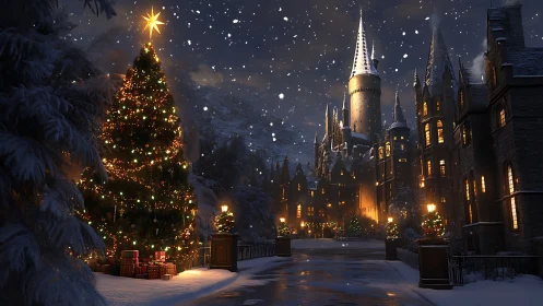 Snowy castle courtyard glows around a grand Christmas tree