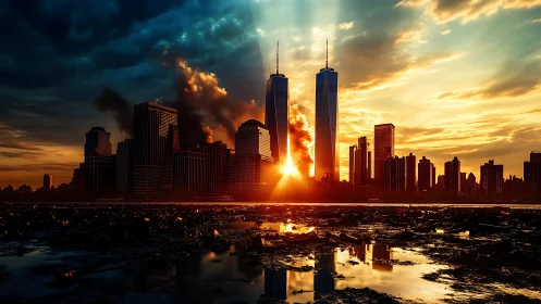 Twin-tower skyline at incendiary sunset with reflective shore.