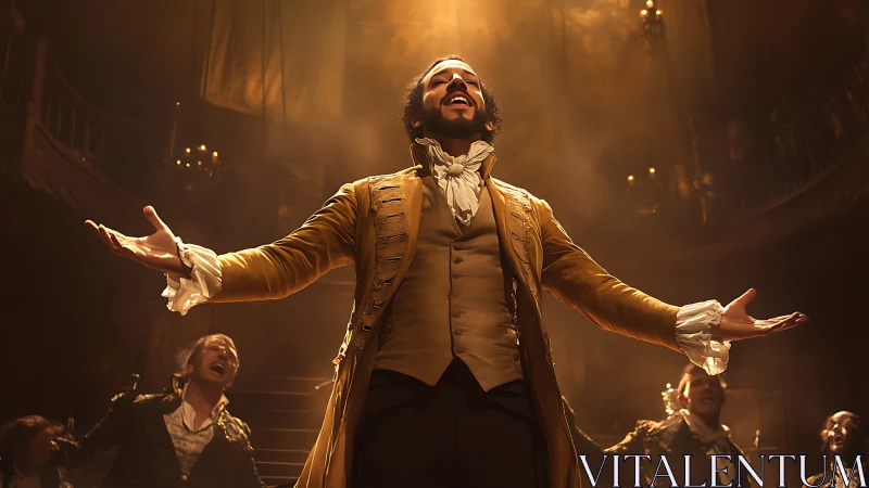 Triumphant stage actor spreads arms under warm spotlight