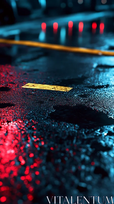 Glistening city street puddles under soft neon reflections.