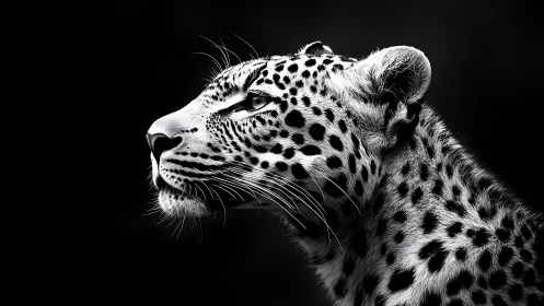Monochrome leopard profile in high-contrast photorealistic portrait.