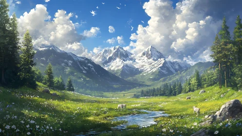 Digital pastoral alpine valley with luminous cloud architecture.