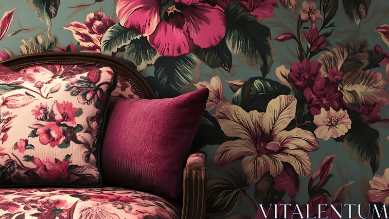 Floral sofa and pillows against bold botanical wallpaper.