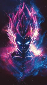 Neon-lit anime warrior portrait with cosmic energy field.