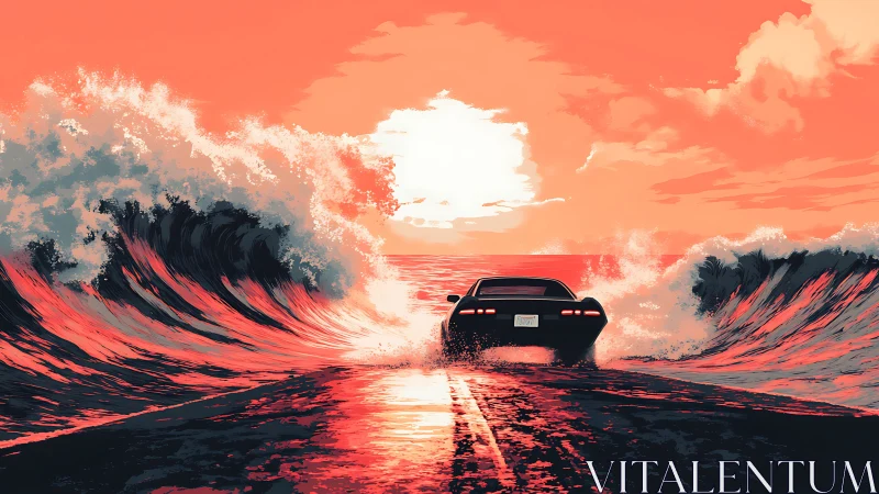 Sunset muscle car slices neon waves on a liquid highway.
