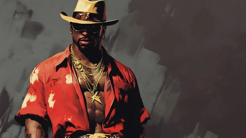 Bold cowboy in red shirt wears layered gold chains and hat