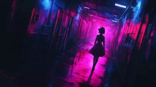 Neon corridor waltz with a lone silhouette in magenta storm.