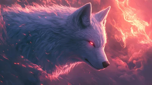 Luminous spirit wolf emerges from swirling pink firestorm.