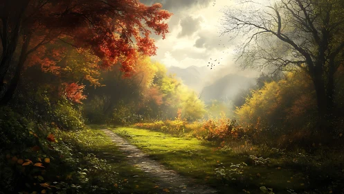 Autumn Forest Path Through Golden Seasonal Landscape.