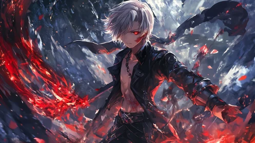 White-haired anime fighter channels red energy in dynamic vortex