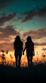Two Silhouettes Holding Hands Under Starlit Sky at Dusk.