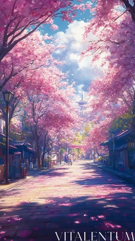Cherry blossom street under clear spring daylight.