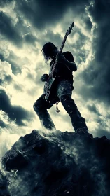 Backlit rock guitarist silhouetted on stormy volcanic summit.