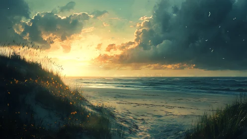 Golden light spills gently over a quiet, windswept shore