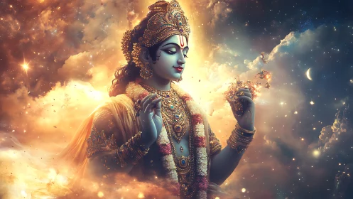 Divine blue-skinned deity rendered in luminous cosmic volumetrics