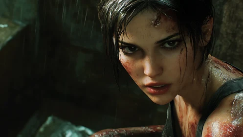 Digital close-up renders a wounded woman under rainfall