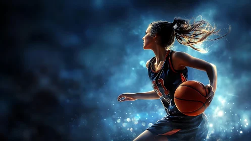 Dynamic female basketball player rendered in vivid digital lighting