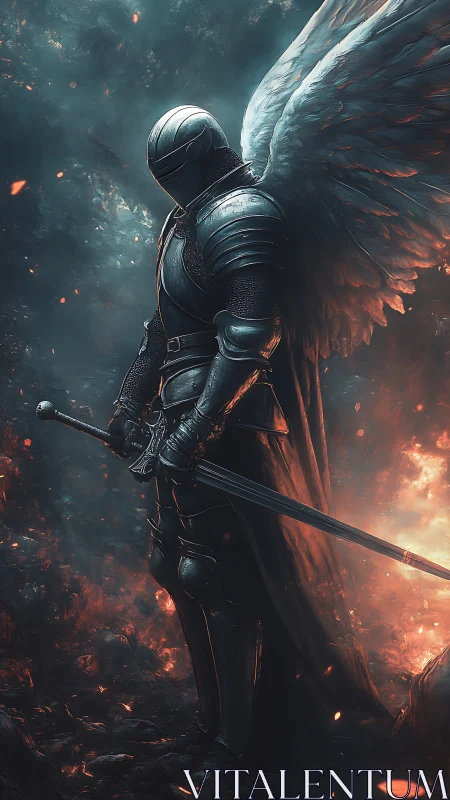 Winged dusk-knight pauses amid embers to guard the ashes