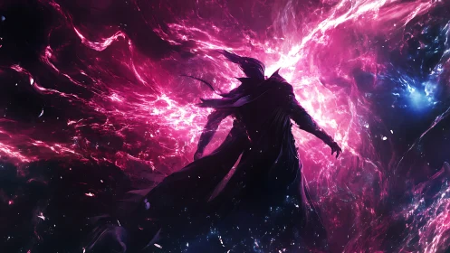 Stargazer wrapped in neon cosmic storms of wonder.