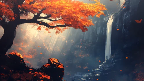Autumn tree and distant waterfall in shaded rocky canyon.