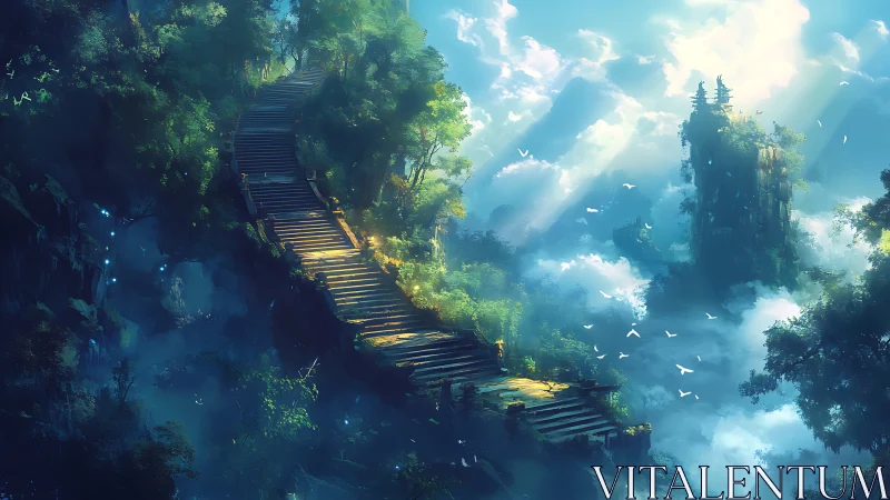 Wooden Bridge Through Misty Fantasy Forest with Tower.