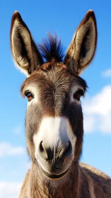 Front-facing donkey portrait under clear midday blue sky