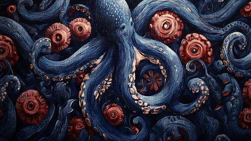 Blue octopus drifts through crimson sea blooms in deep ocean