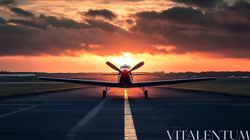 Low wing propeller aircraft aligned on runway at sunset.