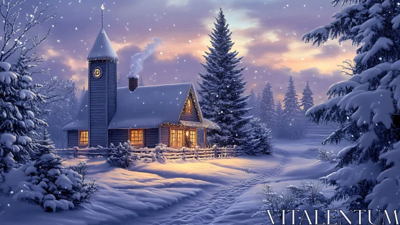 Snow-covered cabin and tower stand in illuminated winter landscape