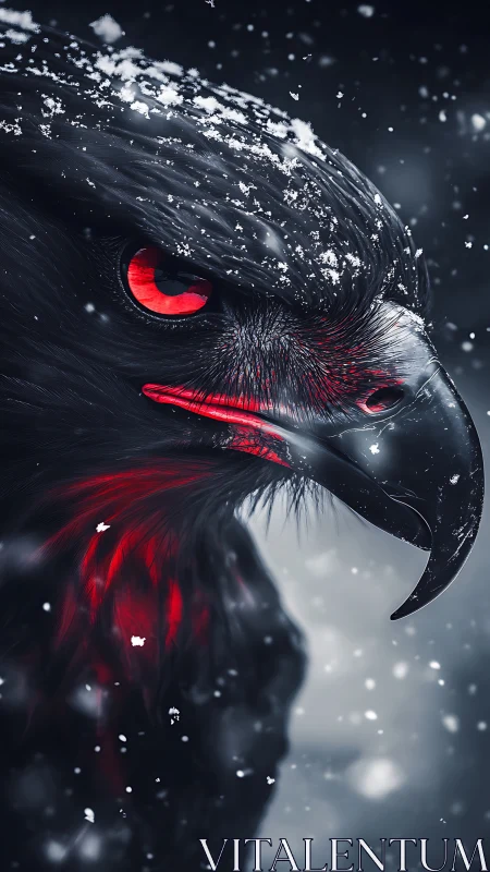 Crimson-eyed raven in icy blizzard, high-contrast portrait.