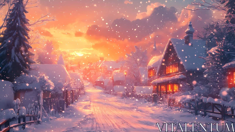 Snowy village street glows under warm winter sunset sky