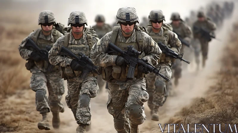 Determined soldiers running together through dusty terrain.