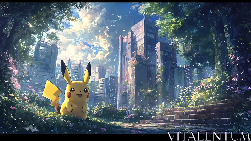 Electric wanderer brightens a lush ruined cityscape.