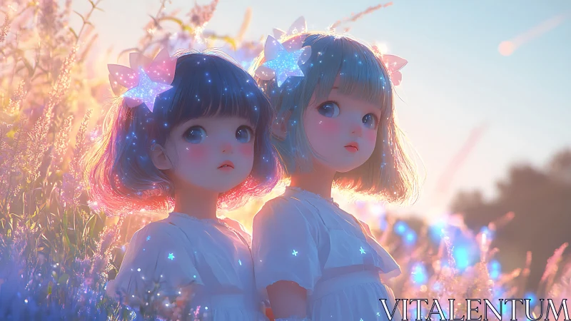 Bioluminescent twin girls in stellar dusk meadow field.