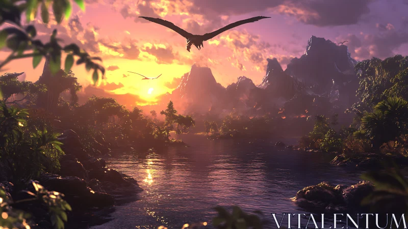 Sunset over prehistoric river valley with flying reptile.